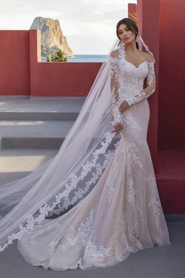 Elegante schulterfreie Meerjungfrau-Hochzeitskleider mit langen Ärmeln