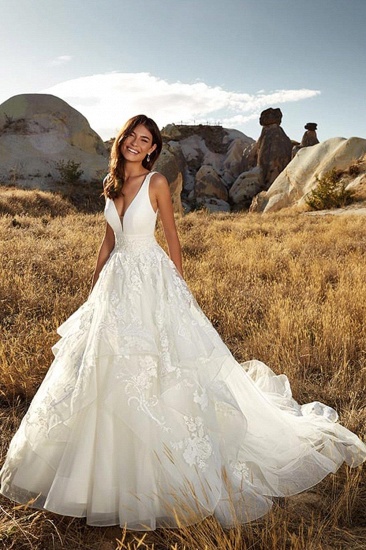 Country A-Line Wedding Dress Sexy Deep-V-Neck Lace Appliques Bridal Gowns On Sale